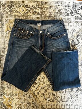 True Religion Blue Denim Jeans with Contrast Orange Stitching
